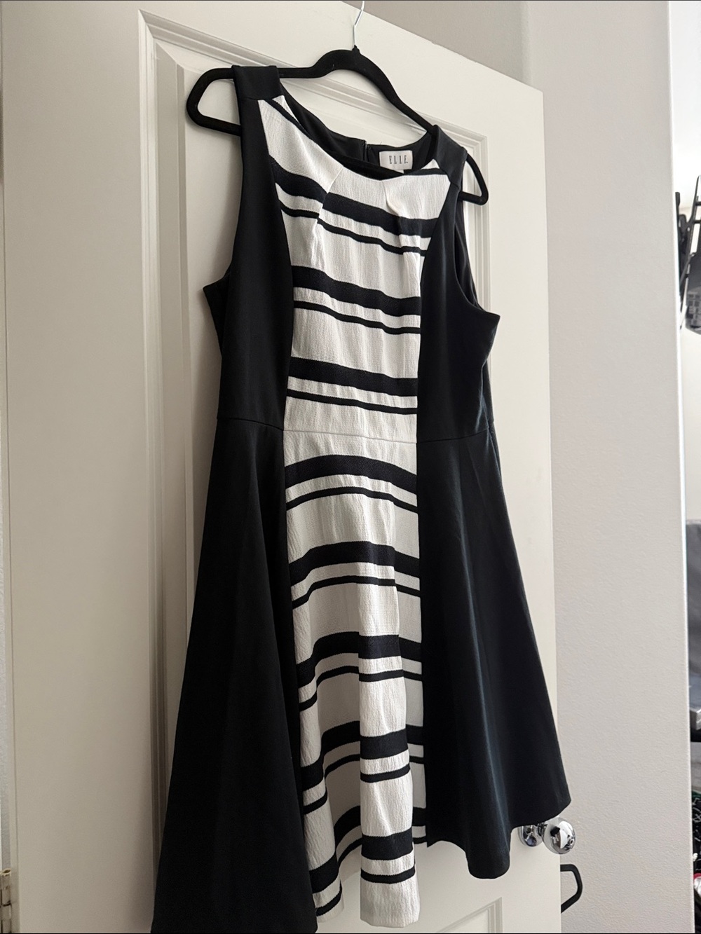 ELLE Black and White Striped Midi Fit-and-Flare Dress